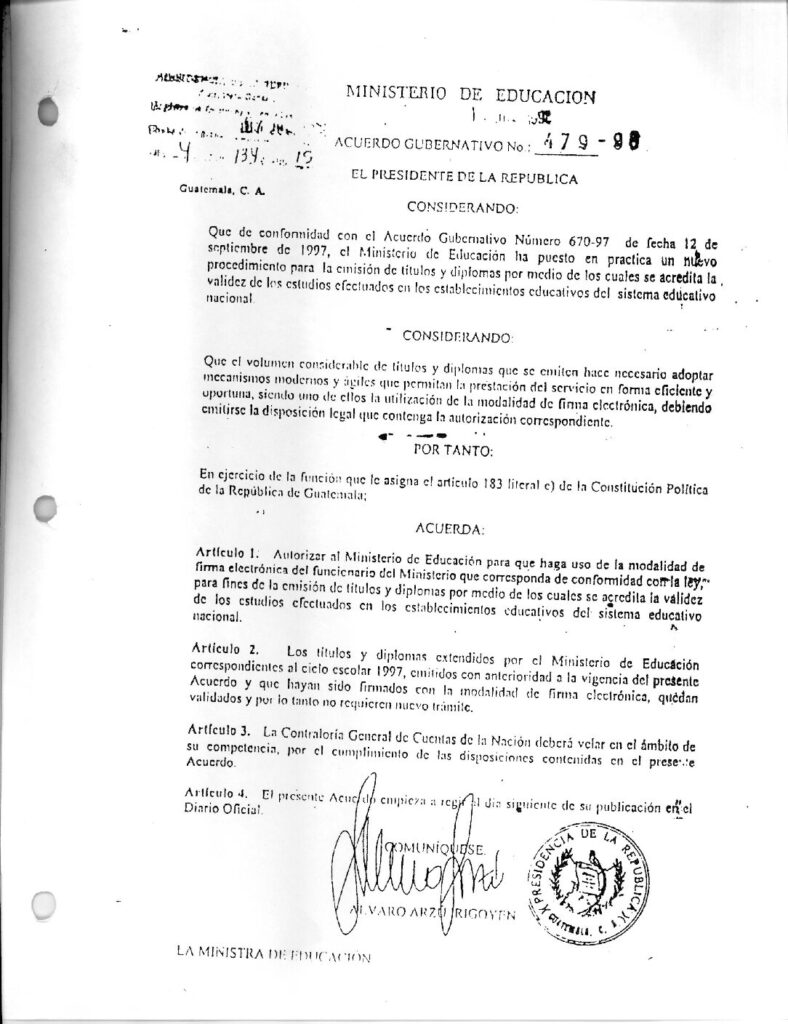 thumbnail of Acuerdo Gubernativo No. 479-98 Firma electrónica de títulos y diplomas
