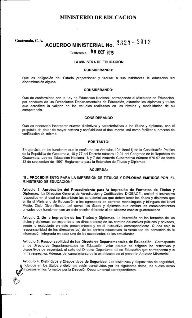 thumbnail of Acuerdo Ministerial No. 2323-2013 Impresión títulos y diplomas