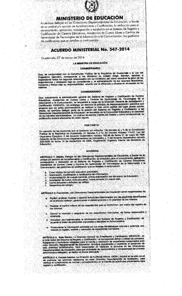 thumbnail of Acuerdo Ministerial No. 547-2014 Codificación de instituciones educativas
