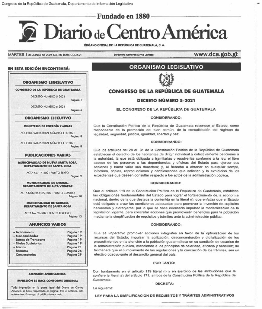 thumbnail of Decreto 05-2021 Ley de simplificación de requisitos y trámites administrativos