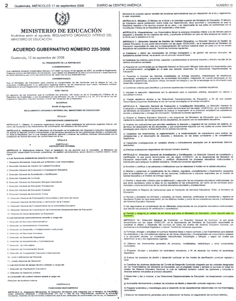 thumbnail of Acuerdo Gubernativo No. 225-2008 Reglamento orgánico interno del Ministerio de Educación