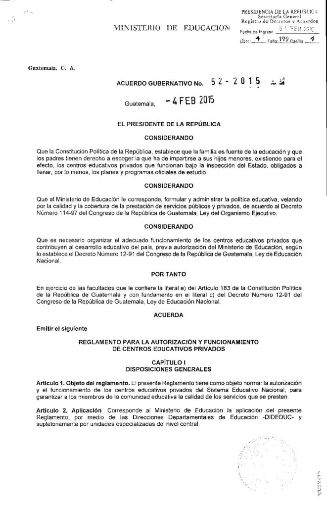 thumbnail of Acuerdo Gubernativo No. 52-2015